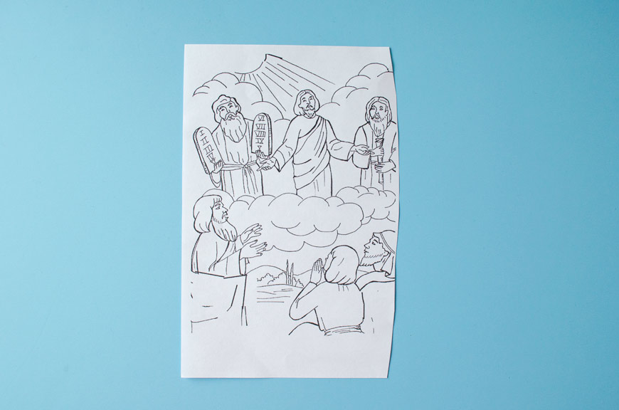 Transfiguration coloring page on a blue background