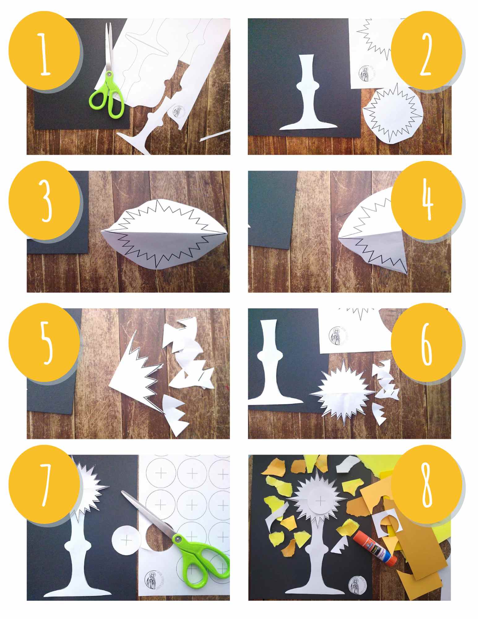 steps to make a torn paper monstrance by cutting out pieces of printable pdfs and gluing them in place, surrounded by torn pieces of yellow paper.