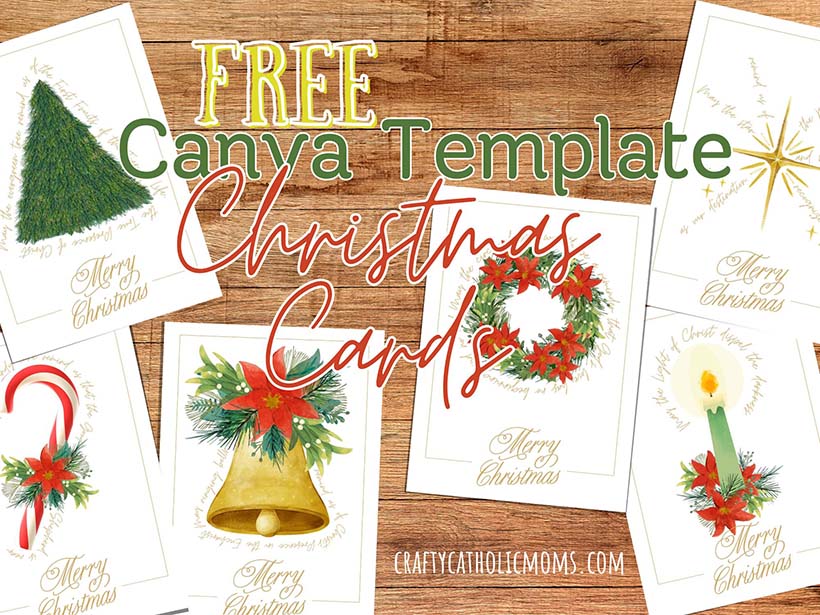 Image of six different cards on a wood background. The cards have a white background and says Merry Christmas. One has an image of a Christmas tree, one a bell, one a wreath, one a star, one a candle, and one a candy cane. The words say Free Canva Template Christmas Cards