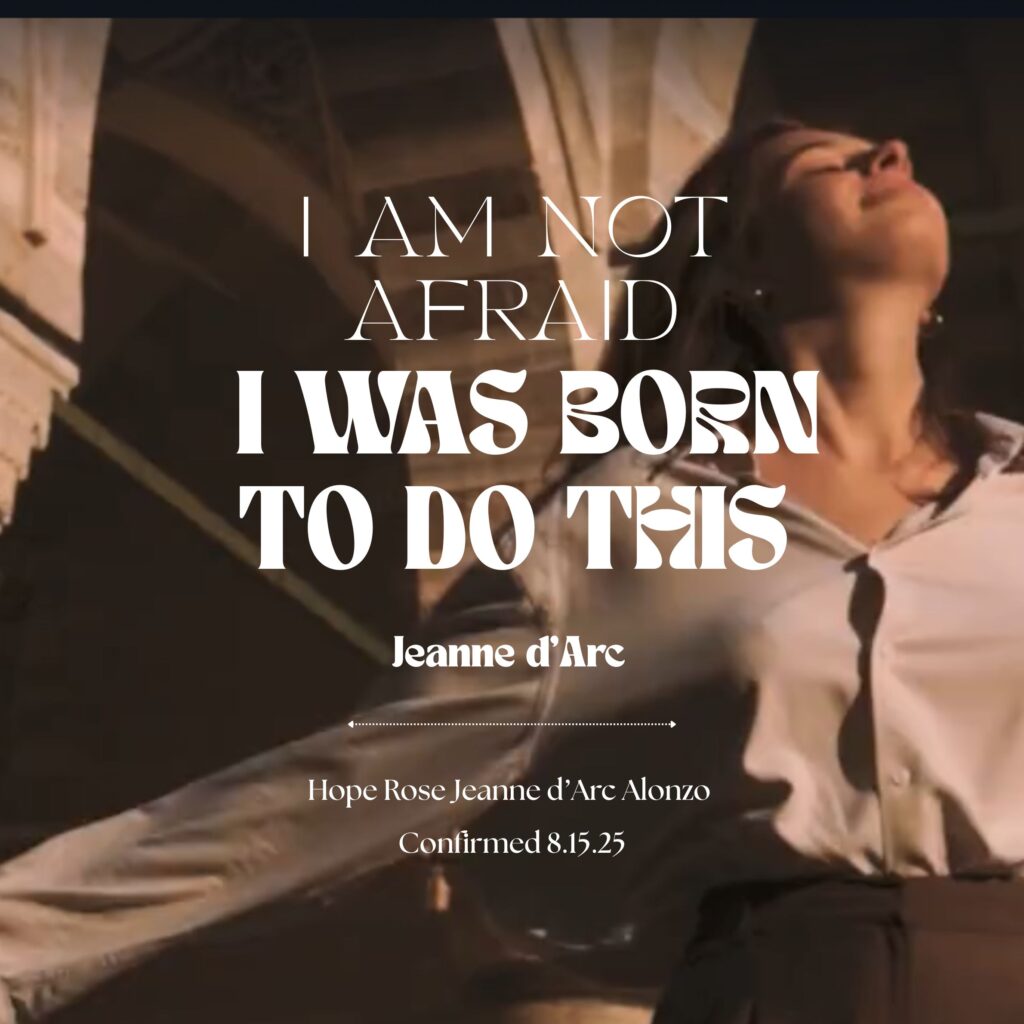 image of a woman smiling up at the sky with a quote, "I am not afraid. I was born to do this" by Jeanne d'Arc